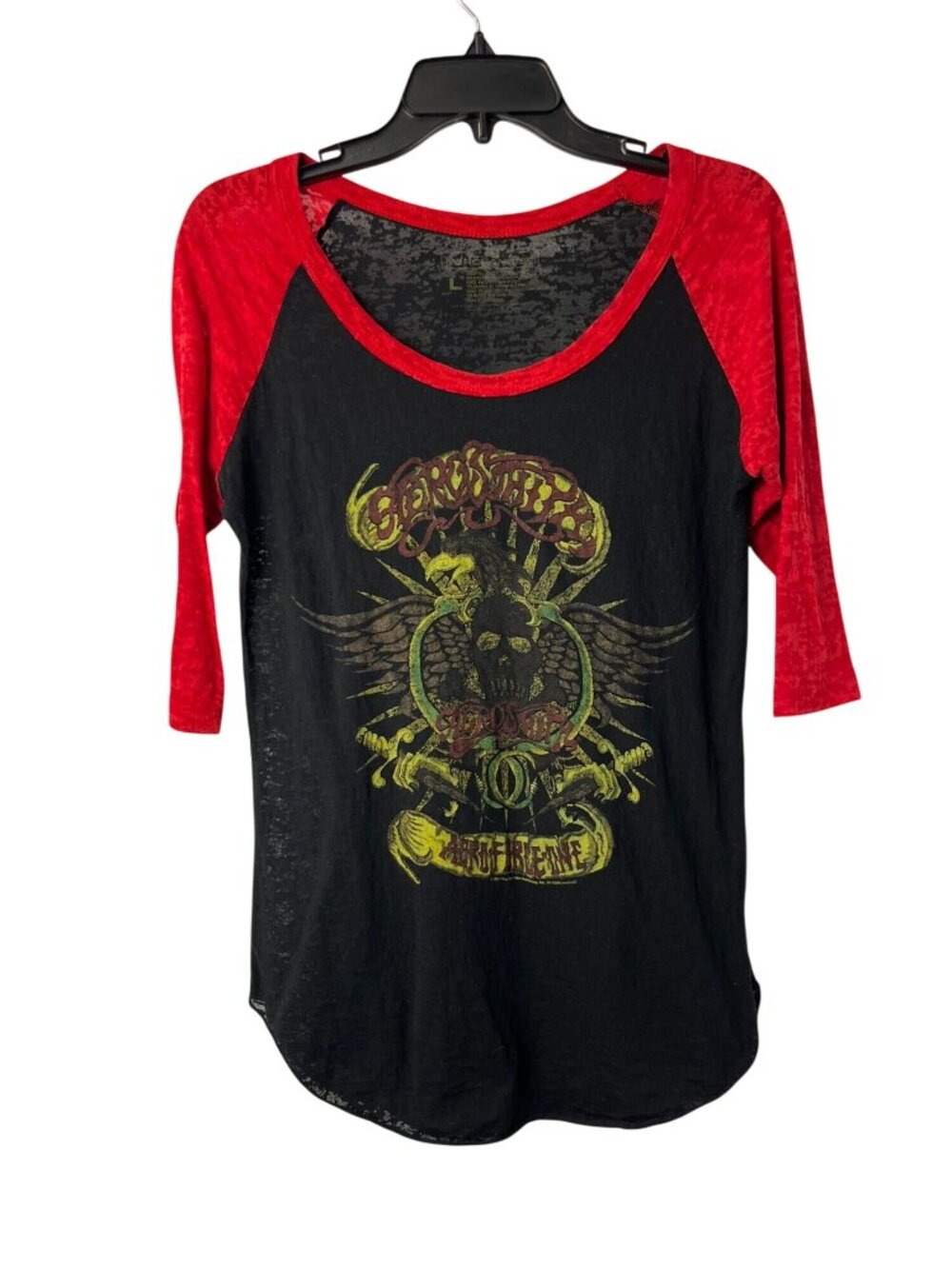 Aerosmith Womens L 2011 Graphic Raglan Shirt Red Burnout Sleeve Rock Tee Used